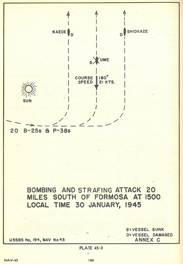 Plate 45-3: Bombing and strafing attack 20 miles South of Formosa at 1500 local time 30 January 1945, Annex C. Plate 45-3: Bombing and strafing attack 20 miles South of Formosa at 1500 local time 30 January 1945, Annex C.