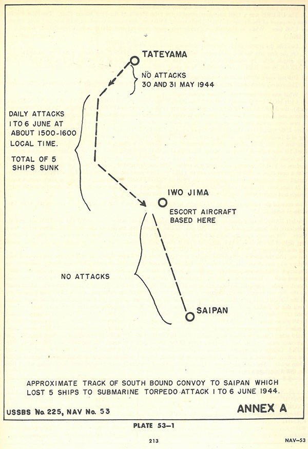 Plate 53-1: Chart showing approximate track of South bound convoy to Saipan which lost 5 ships to submarine torpedo attack 1 to 6 June 1944, Annex A. Plate 53-1: Chart showing approximate track of South bound convoy to Saipan which lost 5 ships to submarine torpedo attack 1 to 6 June 1944, Annex A.