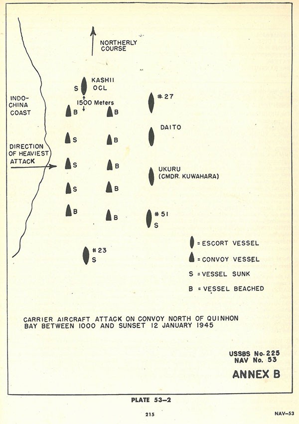 Plate 53-2: Chart showing carrier aircraft attack on convoy North of Quinhon Bay between 1000 and sunset 12 January 1945, Annex B. Plate 53-2: Chart showing carrier aircraft attack on convoy North of Quinhon Bay between 1000 and sunset 12 January 1945, Annex B.