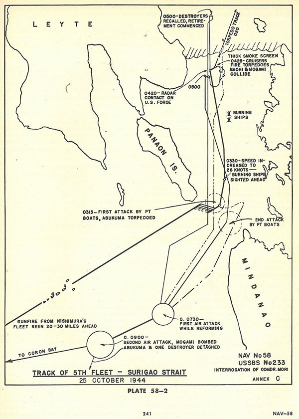 Plate 58-2: Chart showing track of 5th Fleet - Surigao Strait, 25 October 1944, Annex C. Plate 58-2: Chart showing track of 5th Fleet - Surigao Strait, 25 October 1944, Annex C.