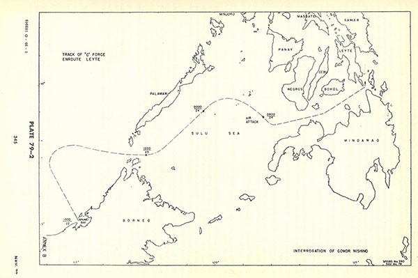 Plate 79-1: shows track of C Force enroute Leyte, Annex B. Plate 79-1: shows track of C Force enroute Leyte, Annex B.