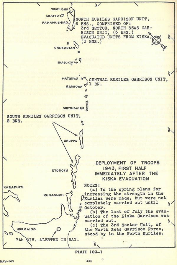 Plate 103-1: Chart showing deployment of troops 1943, first half immediately after the KISKA evacuation. Plate 103-1: Chart showing deployment of troops 1943, first half immediately after the KISKA evacuation.
