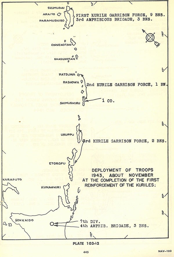Plate 103-2: Chart showing deployment of troops 1943, about November at the completion of the first reinforcement of the KURILES. Plate 103-2: Chart showing deployment of troops 1943, about November at the completion of the first reinforcement of the KURILES.