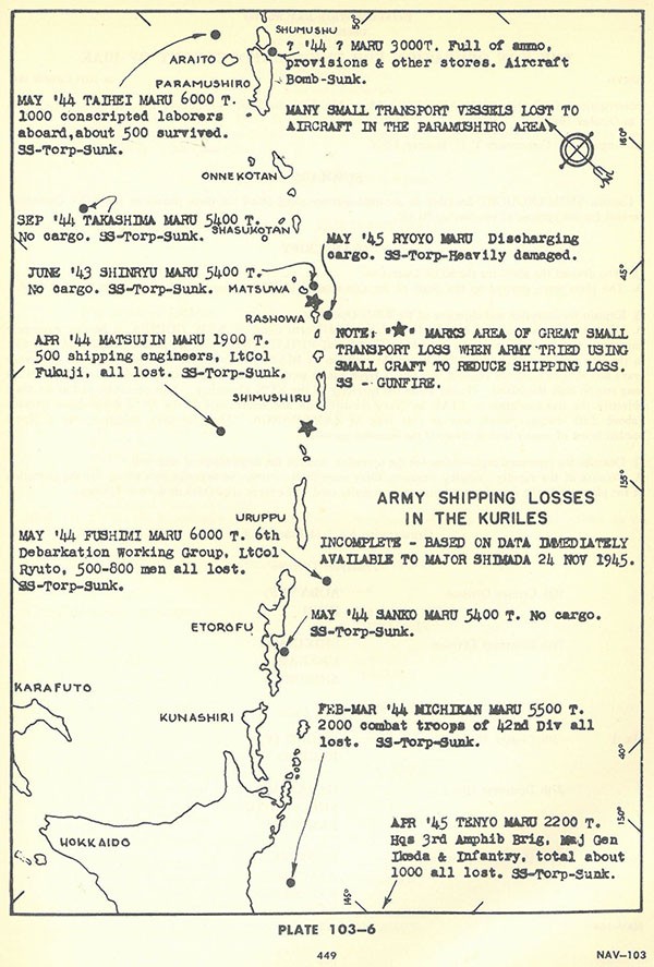 Plate 103-6: Chart showing Army shipping losses in the KURILES. Plate 103-6: Chart showing Army shipping losses in the KURILES.
