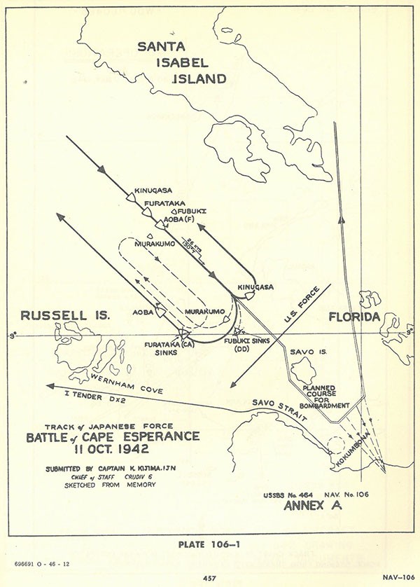 Plate 106-1: chart showing track of Japanese force at Battle of Cape ESPERANCE, 11 October 1942, Annex A. Plate 106-1: chart showing track of Japanese force at Battle of Cape ESPERANCE, 11 October 1942, Annex A.