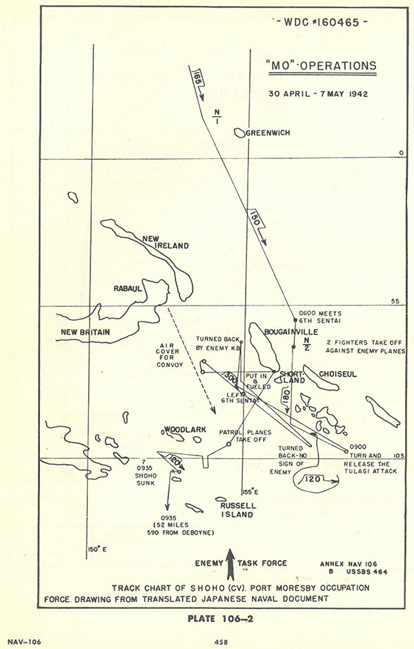 Plate 106-2: chart showing track chart of SHOHO (CV). PORT MORESBY occupation Force. Drawing from translated Japanese Naval document, Annex B. Plate 106-2: chart showing track chart of SHOHO (CV). PORT MORESBY occupation Force. Drawing from translated Japanese Naval document, Annex B.