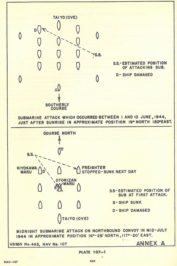 Plate 107-1: chart showing submarine attack which occurred between 1 and 10 June 1944 just after sunrise in approximate position 19 degrees North 120 degrees East and a midnight submarine attack on northbound convoy in mid-July 1944 in approximate position 16 degrees 25' North, 117 degrees 20' East. Plate 107-1: chart showing submarine attack which occurred between 1 and 10 June 1944 just after sunrise in approximate position 19 degrees North 120 degrees East and a midnight submarine attack on northbound convoy in mid-July 1944 in approximate position 16 degrees 25' North, 117 degrees 20' East.