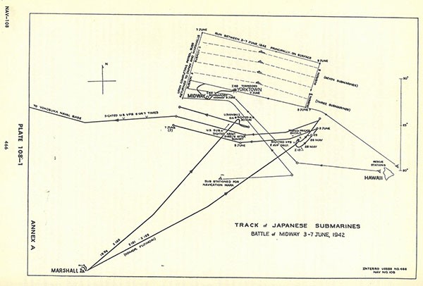 Plate 108-1: chart showing track of Japanese submarines, Battle of MIDWAY, 3-7 June 1942, Annex A. Plate 108-1: chart showing track of Japanese submarines, Battle of MIDWAY, 3-7 June 1942, Annex A.