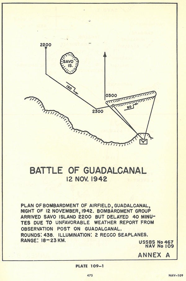 Plate 109-1: showing Battle of Guadalcanal 12 November 1942, plan of bombardment of airfield, GUDALCANAL, night of 12 November 1942. Bombardment group arrived SAVO Island 2200 but delayed 40 minutes due to unfavorable weather report from observation post on GUADALCANAL. Rounds: 438. Illumination 2 Recco seaplanes. range: 18-23 km, Annex A. Plate 109-1: showing Battle of Guadalcanal 12 November 1942, plan of bombardment of airfield, GUDALCANAL, night of 12 November 1942. Bombardment group arrived SAVO Island 2200 but delayed 40 minutes due to unfavorable weather report from observation post on GUADALCANAL. Rounds: 438. Illumination 2 Recco seaplanes. range: 18-23 km, Annex A.