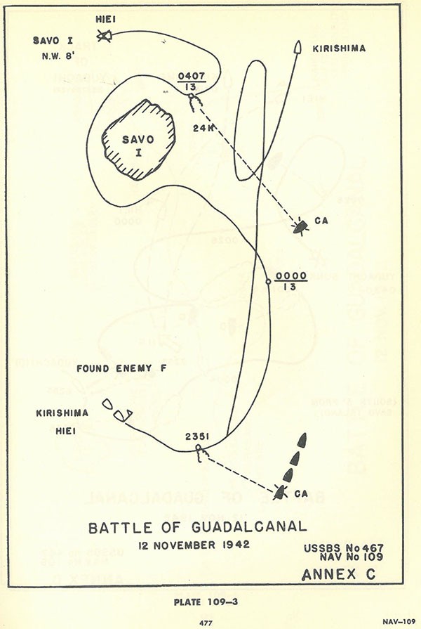 Plate 109-3: chart showing ship tracks Battle of GUADLACANAL 12 November 1942, Annex C. Plate 109-3: chart showing ship tracks Battle of GUADLACANAL 12 November 1942, Annex C.