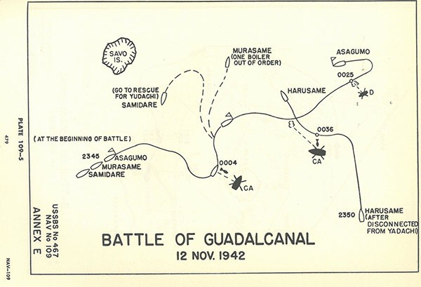 Plate 109-5: chart showing track of Japanese ships, Battle of GUADALCANAL, 12 November 1942, Annex E. Plate 109-5: chart showing track of Japanese ships, Battle of GUADALCANAL, 12 November 1942, Annex E.