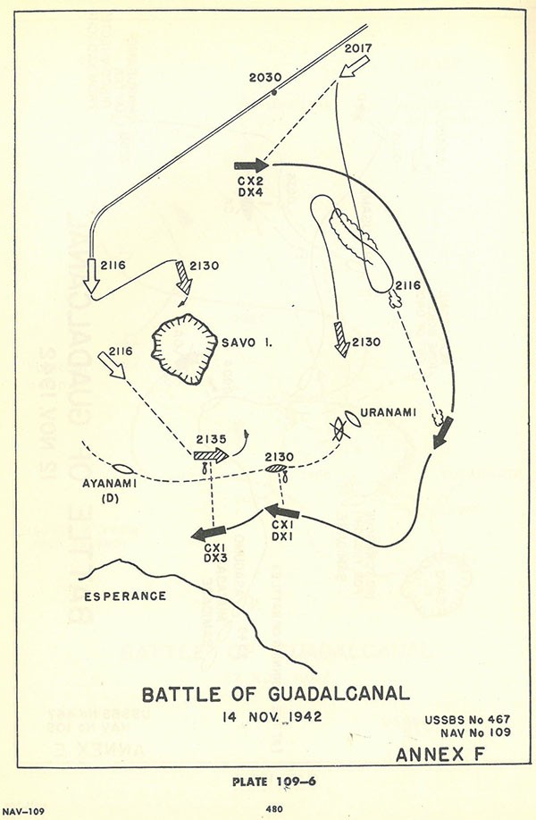 Plate 109-6: chart showing track of Japanese ships around SAVO Island, Battle of GUADALCANAL, 14 November 1942, Annex F. Plate 109-6: chart showing track of Japanese ships around SAVO Island, Battle of GUADALCANAL, 14 November 1942, Annex F.