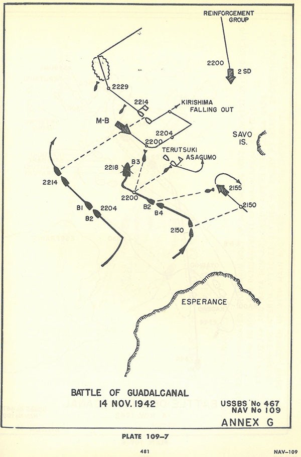 Plate 109-7: chart showing track of Japanese ships off coast of ESPERANCE, Battle of GUADALCANAL, 14 November 1942, Annex G. Plate 109-7: chart showing track of Japanese ships off coast of ESPERANCE, Battle of GUADALCANAL, 14 November 1942, Annex G.