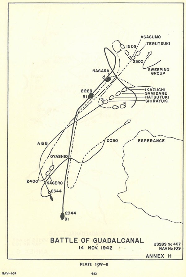 Plate 109-8: chart showing track of Japanese ships off coast of ESPERANCE, Battle of GUADALCANAL, 14 November 1942, Annex H. Plate 109-8: chart showing track of Japanese ships off coast of ESPERANCE, Battle of GUADALCANAL, 14 November 1942, Annex H.