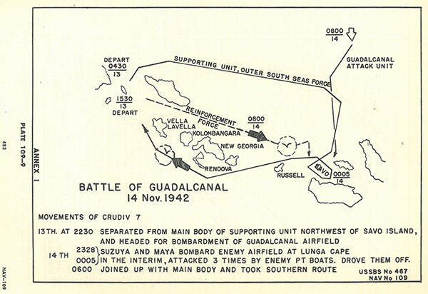 Plate 109-9: chart showing Battle of GUADALCANAL, 14 November 1942, movements of CRUDIV 7, Annex H. Plate 109-9: chart showing Battle of GUADALCANAL, 14 November 1942, movements of CRUDIV 7, Annex H.