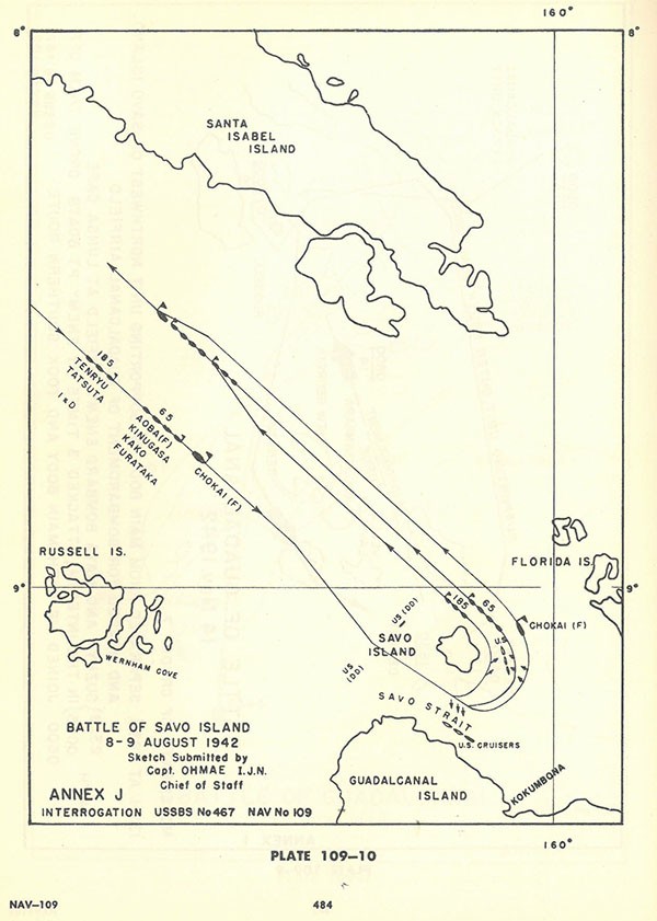 Plate 109-10: chart showing Battle of SAVO Island, 8-9 August 1942, sketch submitted by Capt. OHMAE, Annex J. Plate 109-10: chart showing Battle of SAVO Island, 8-9 August 1942, sketch submitted by Capt. OHMAE, Annex J.