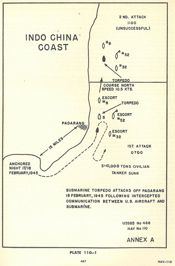 Plate 110-1: chart showing INDO CHINA coast, submarine torpedo attacks off PADARANG 18 February 1945 following intercepted communication between US aircraft and submarine, Annex A. Plate 110-1: chart showing INDO CHINA coast, submarine torpedo attacks off PADARANG 18 February 1945 following intercepted communication between US aircraft and submarine, Annex A.