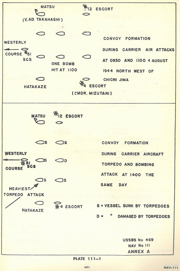 Plate 111-1: chart showing convoy formation during carrier air attacks at 0930 and 11 4 August 1944 north west of CHICHI JIMA, and convoy formation during carrier aircraft torpedo and bombing attack at 1400 the same day, Annex A. Plate 111-1: chart showing convoy formation during carrier air attacks at 0930 and 11 4 August 1944 north west of CHICHI JIMA, and convoy formation during carrier aircraft torpedo and bombing attack at 1400 the same day, Annex A.