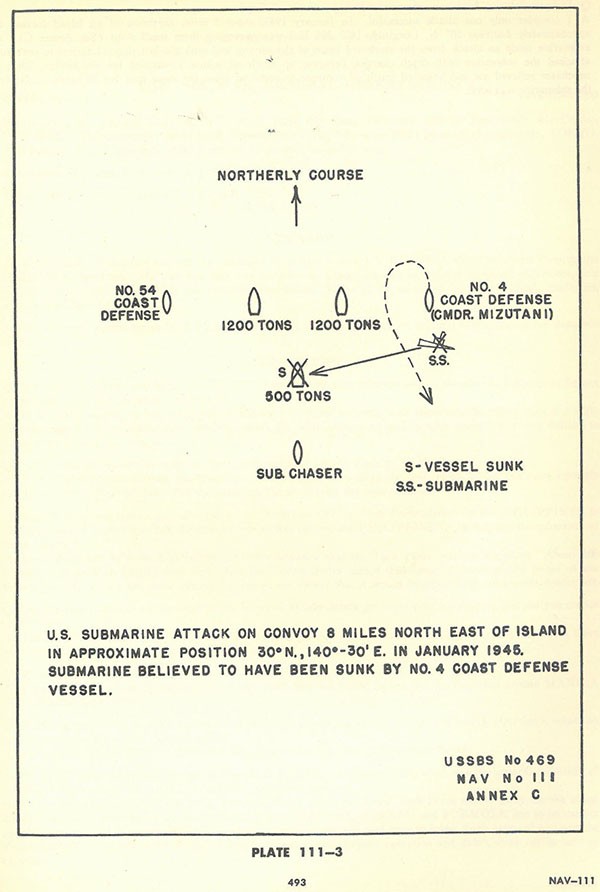 Plate 111-3: chart showing US submarine attack on convoy 8 miles north east of island in approximate position 30 degrees N., 140 degrees - 30' E. in January 1945. Submarine believed to have been sunk by No. 4 coast defense vessel, Annex C. Plate 111-3: chart showing US submarine attack on convoy 8 miles north east of island in approximate position 30 degrees N., 140 degrees - 30' E. in January 1945. Submarine believed to have been sunk by No. 4 coast defense vessel, Annex C.
