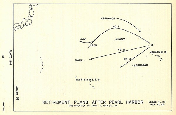 Plate 29-2: Diagram of Retirement Plans After Pearl Harbor, from interrogation of Capt. M. Fuchida, IJN, Annex B. Plate 29-2: Diagram of Retirement Plans After Pearl Harbor, from interrogation of Capt. M. Fuchida, IJN, Annex B.